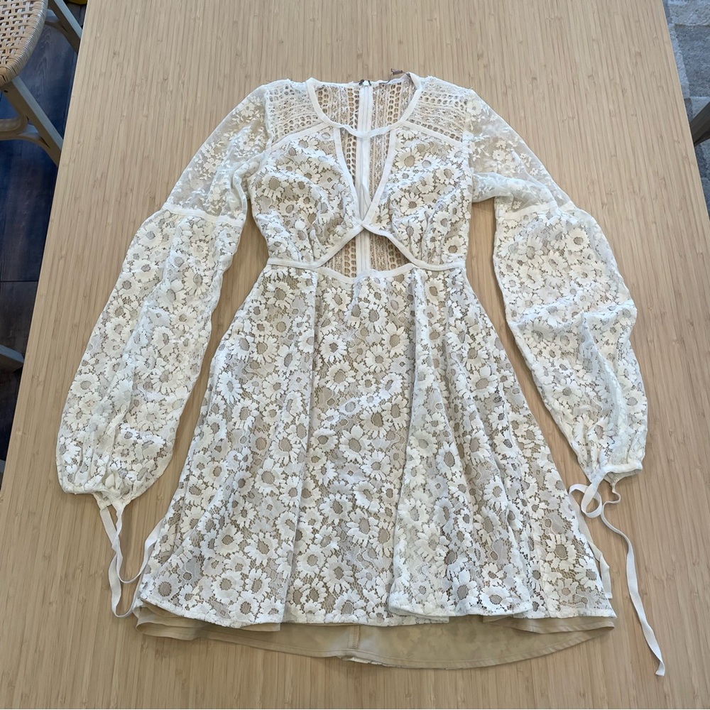 For love & lemons white floral lace long sleeve mini dress xs